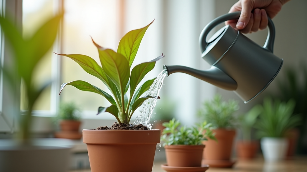 Eye-level view of a potted indoor plant being watered with a watering can