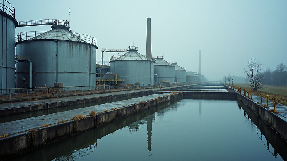 Eye-level view of industrial wastewater treatment plant with large tanks
