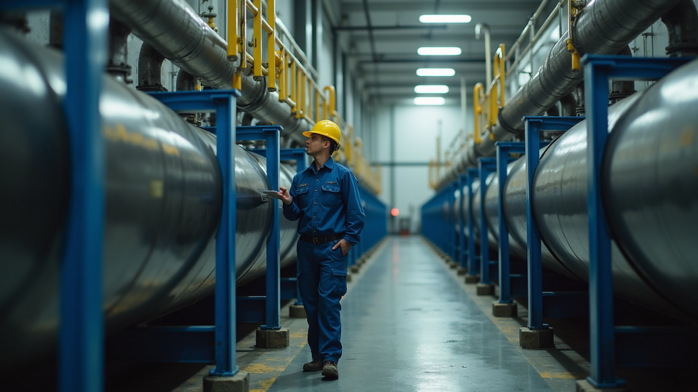 Eye-level view of industrial workers inspecting wastewater treatment equipment