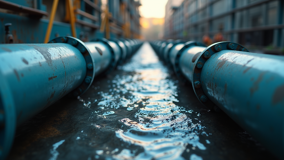 Eye-level view of industrial wastewater discharge pipes