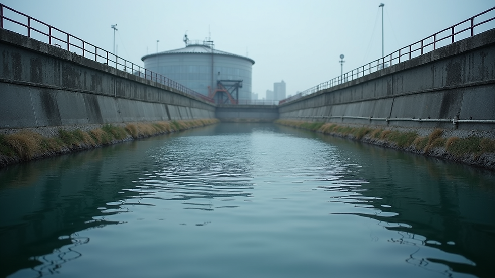 Eye-level view of industrial wastewater treatment tanks