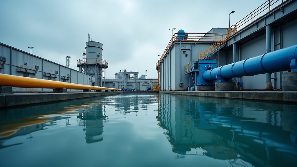 Eye-level view of industrial wastewater treatment plant with filtration tanks