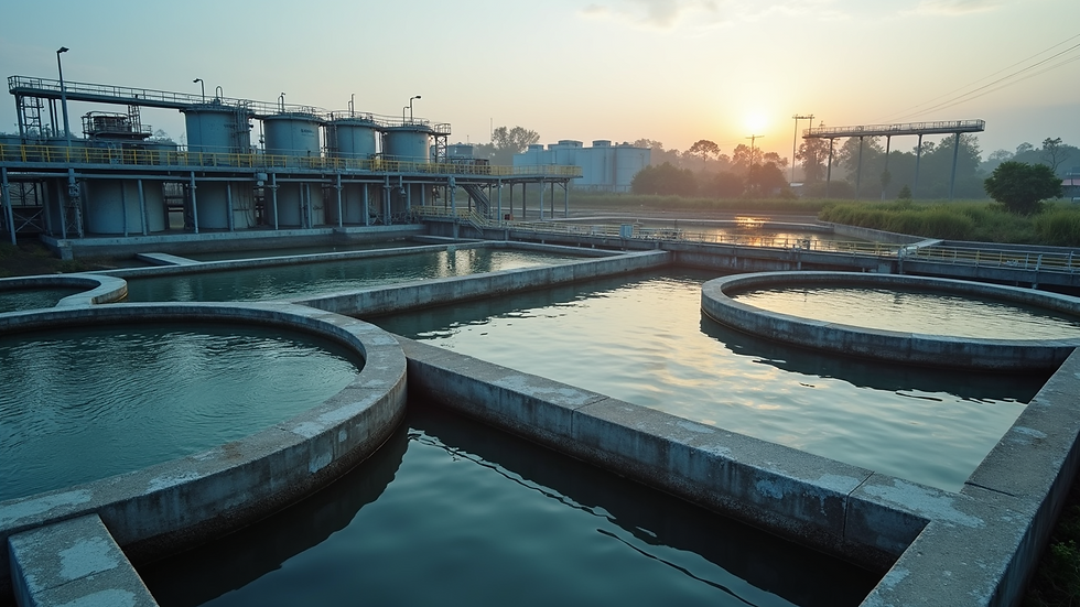 High angle view of industrial wastewater treatment plant with clear water tanks
