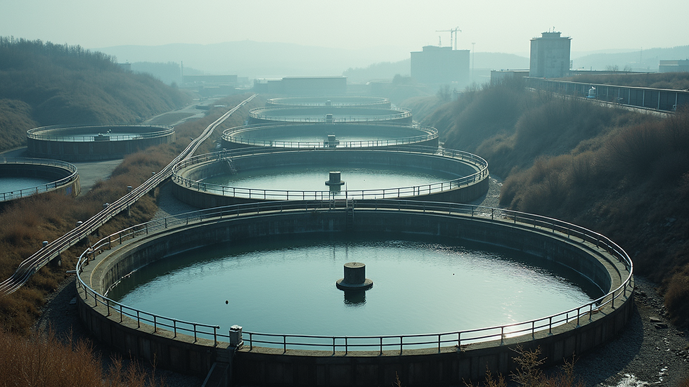 High angle view of industrial wastewater treatment plant tanks