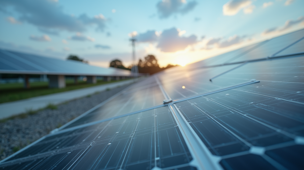 Eye-level view of solar panels powering an industrial water treatment facility