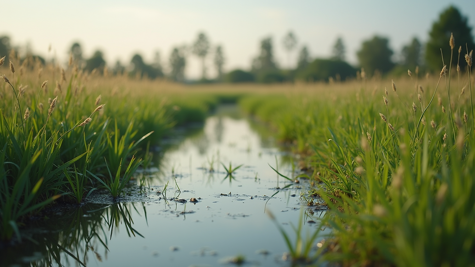Close-up view of constructed wetland for wastewater treatment
