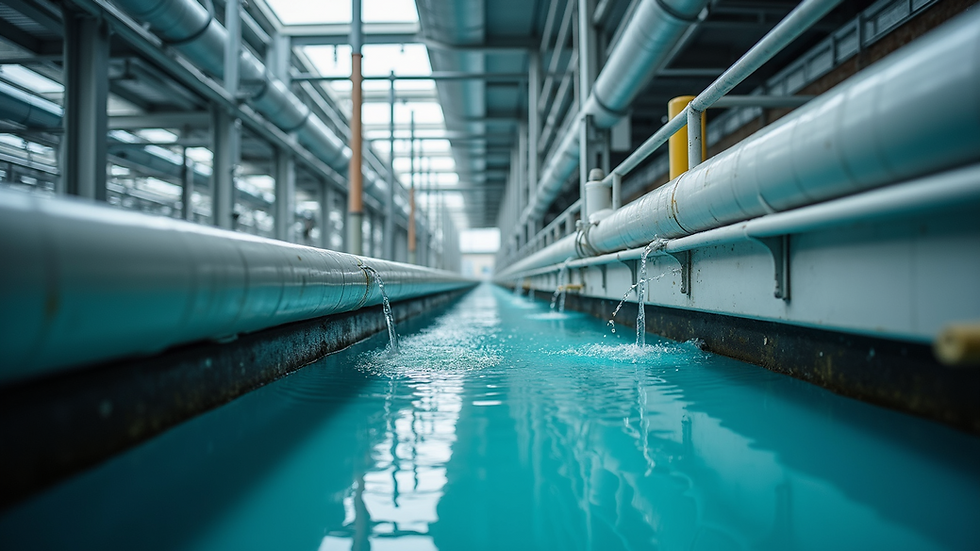 Eye-level view of a modern sewage treatment plant with advanced filtration units