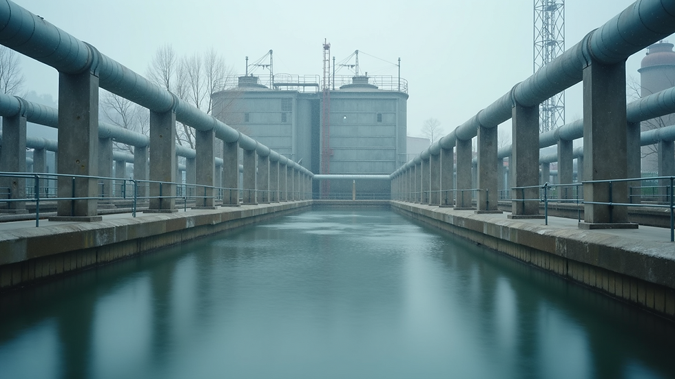 Eye-level view of a modern sewage treatment plant with aeration tanks