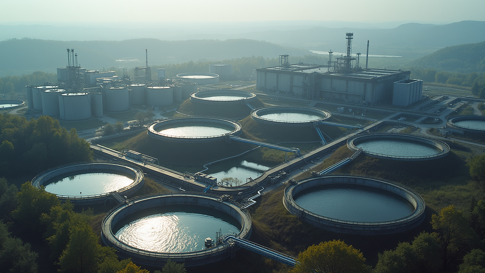 High angle view of industrial wastewater treatment plant with tanks and pipelines
