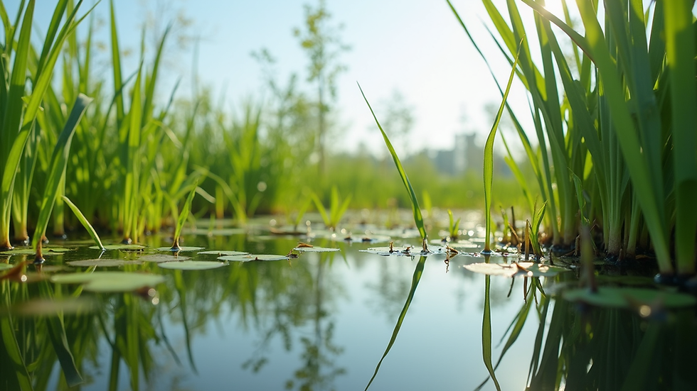 Eye-level view of constructed wetland with aquatic plants for wastewater treatment