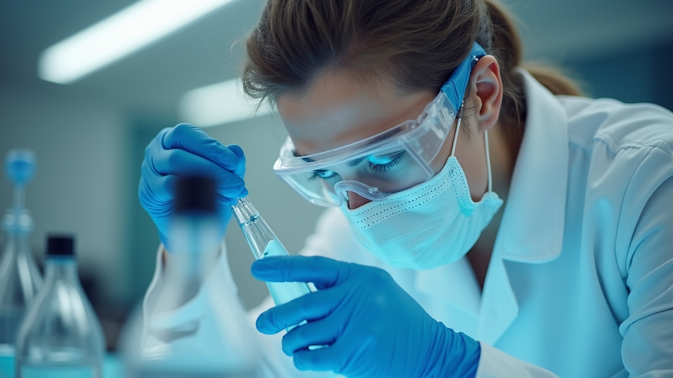 Close-up view of laboratory technician analyzing water sample