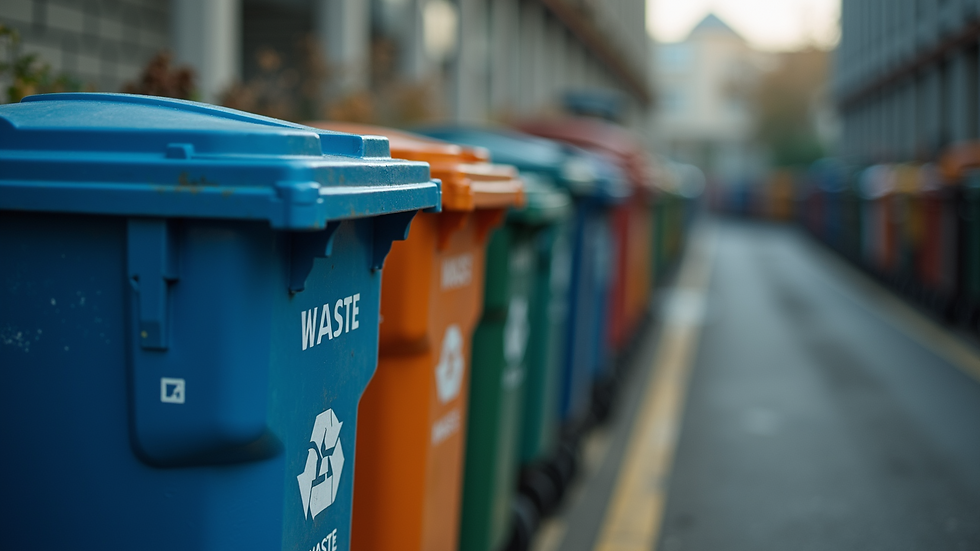 Close-up view of industrial waste containers labeled for segregation