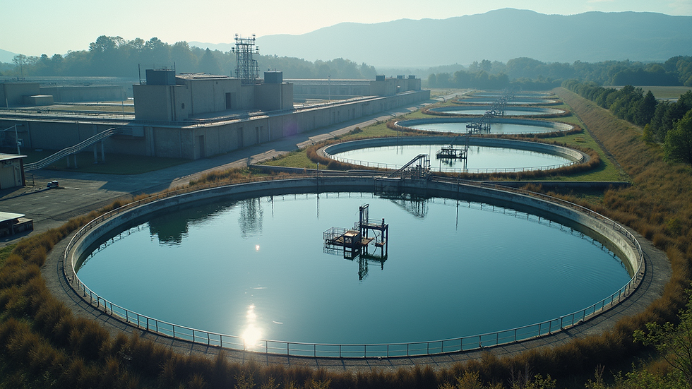 High angle view of a modern wastewater treatment plant with advanced filtration units