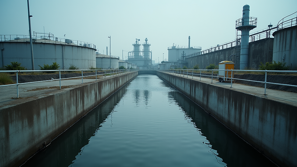 Eye-level view of industrial wastewater treatment tanks and equipment