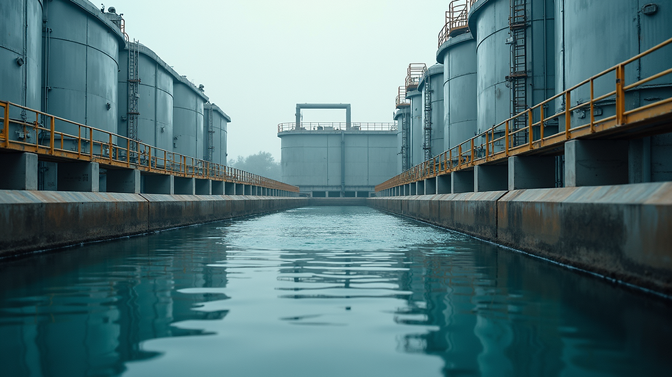 Eye-level view of industrial wastewater treatment plant with filtration tanks
