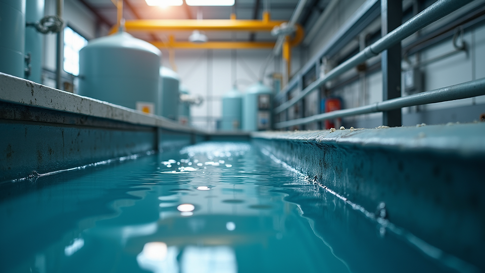 Eye-level view of industrial water treatment facility with filtration tanks
