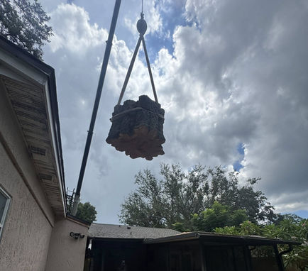 Crane lifting a stump root ball beside a house in Largo, FL