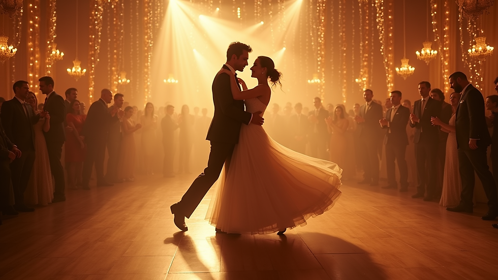 Vue en plongée d’un couple dansant une valse dans une salle de mariage