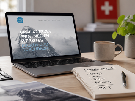 Laptop auf Bürotisch, Webseite von Tucaya-Design wird auf dem Bildschirm anzeigt, Notizen zu Budget ist auf dem Notizblock hinterleg