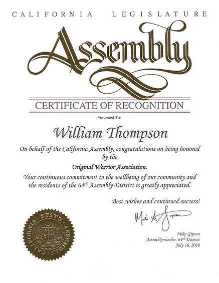California State Assembly Certificate of Recognition to Pro Trainer William Thompson