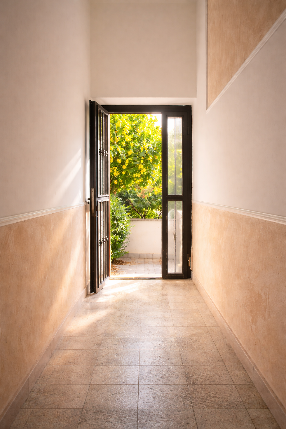 Un corridoio luminoso verso il giardino copia