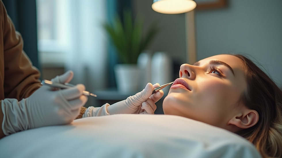 Eye-level view of a beauty salon station with eyebrow tinting tools