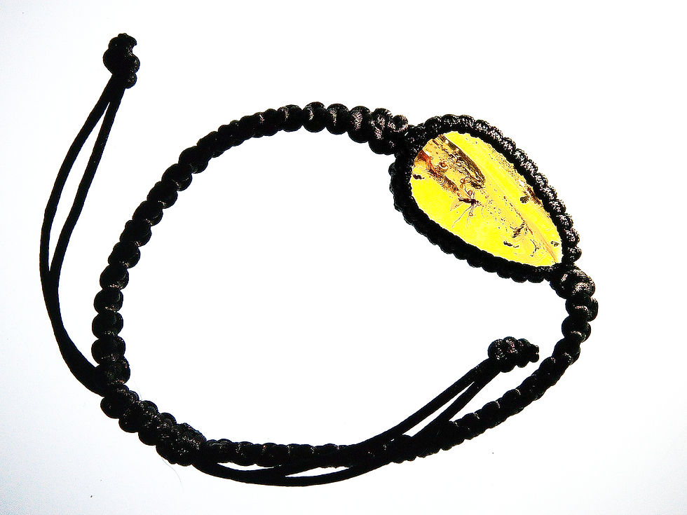 Burmese amber with mosquito on bracelet over light board