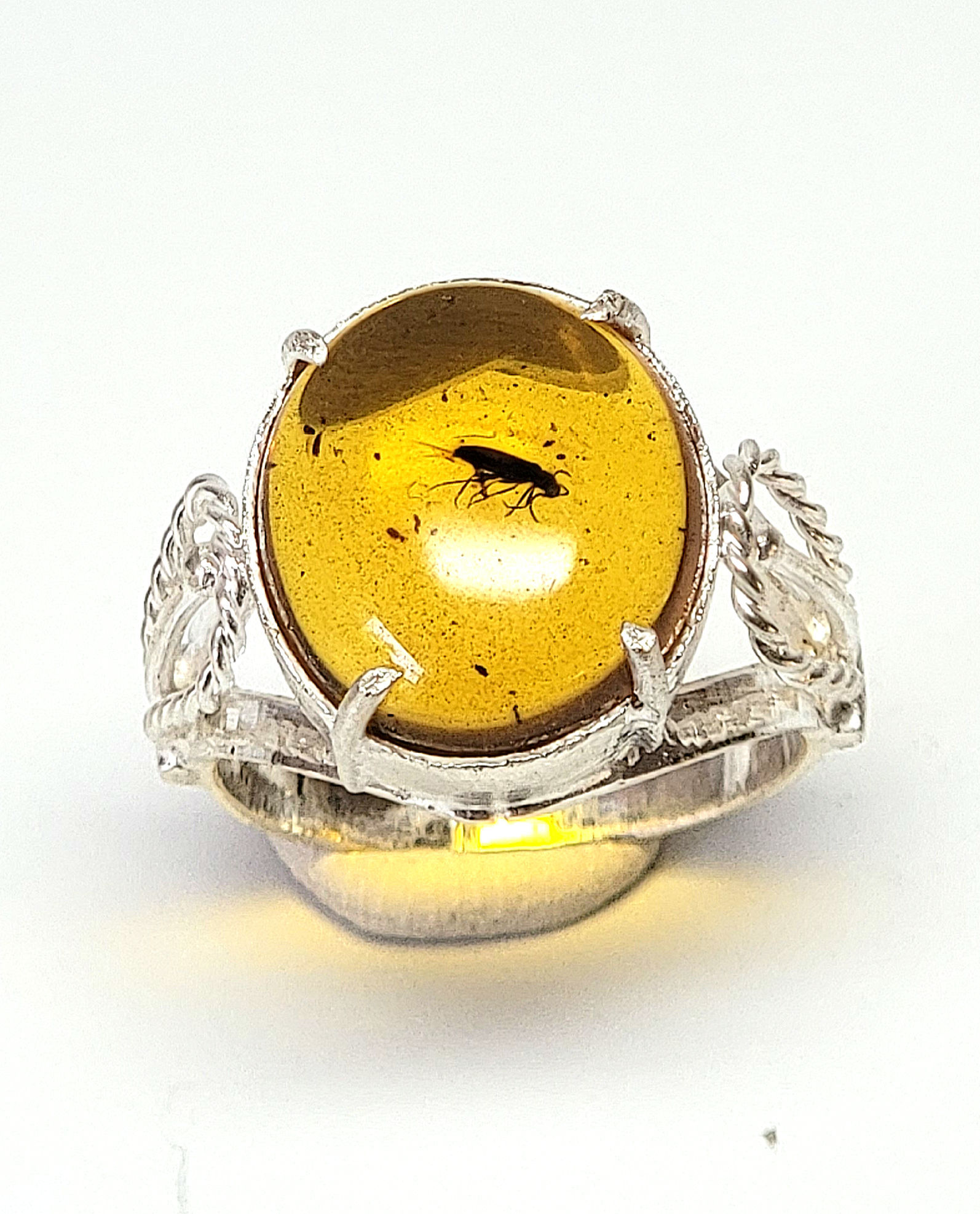 Burmese insect in amber on silver ring held on sticky