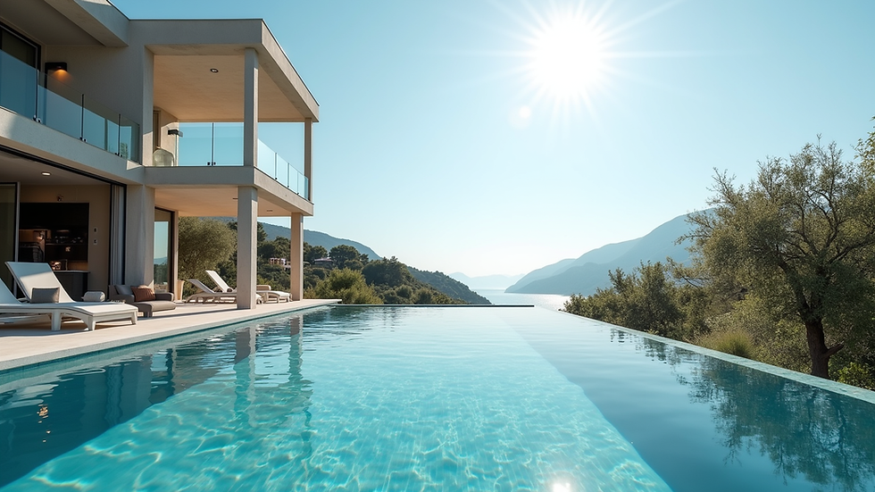 Eye-level view of a luxury villa with private pool and garden in Kalkan