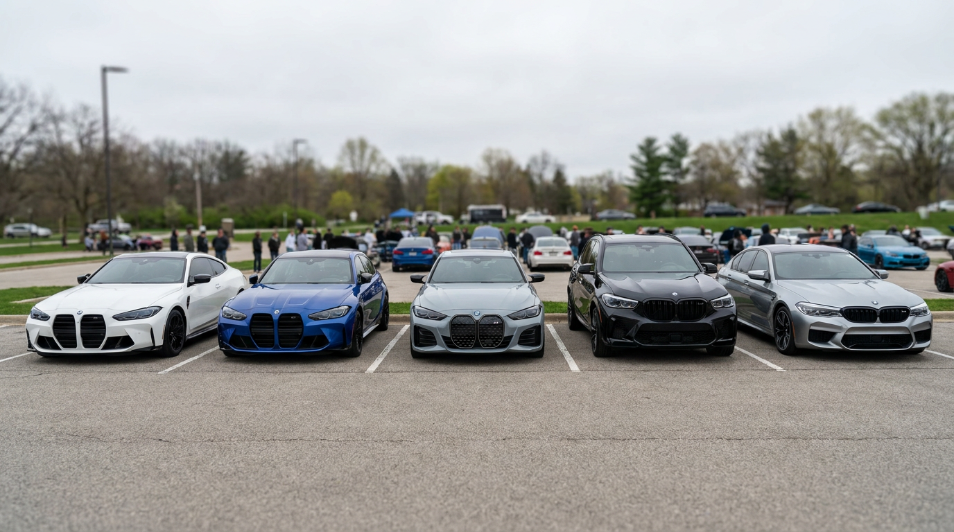 A lineup of BMW cars at an enthusiast meet