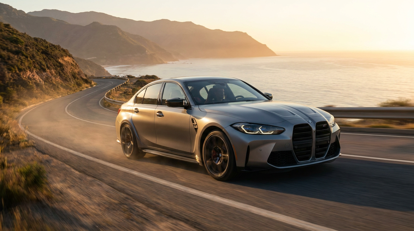 A BMW M car on a coastal mountain road at dawn