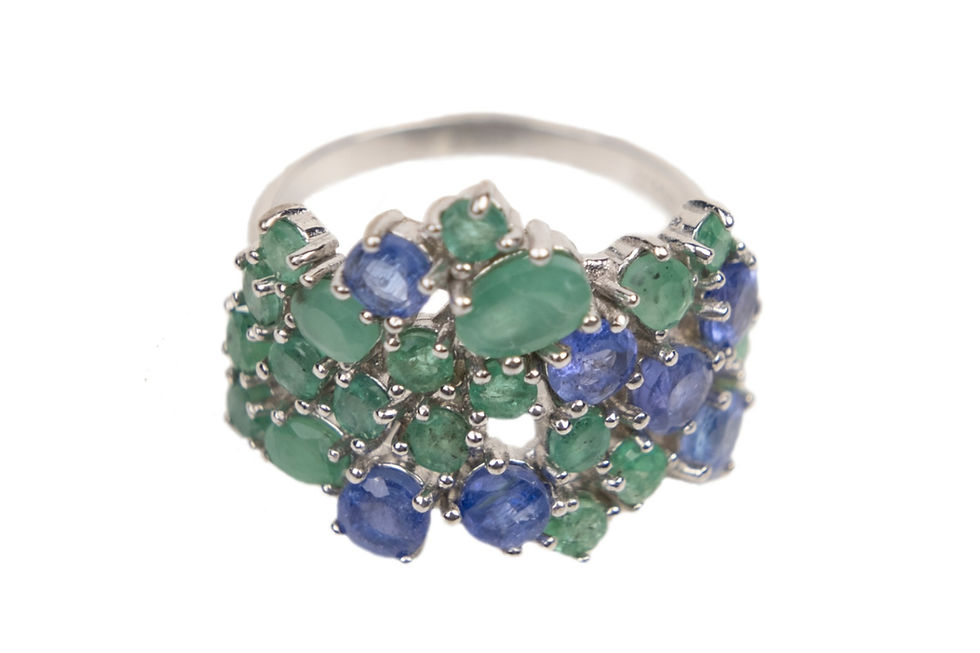 Sterling Silver Emerald and Tanzanite Cluster Ring