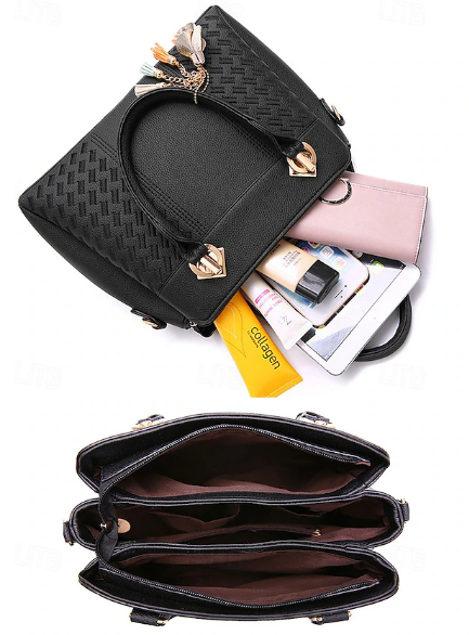 Thumbnail: Women's Faux Leather Handbag with Tassel Charm and Textured Panels – Elegant