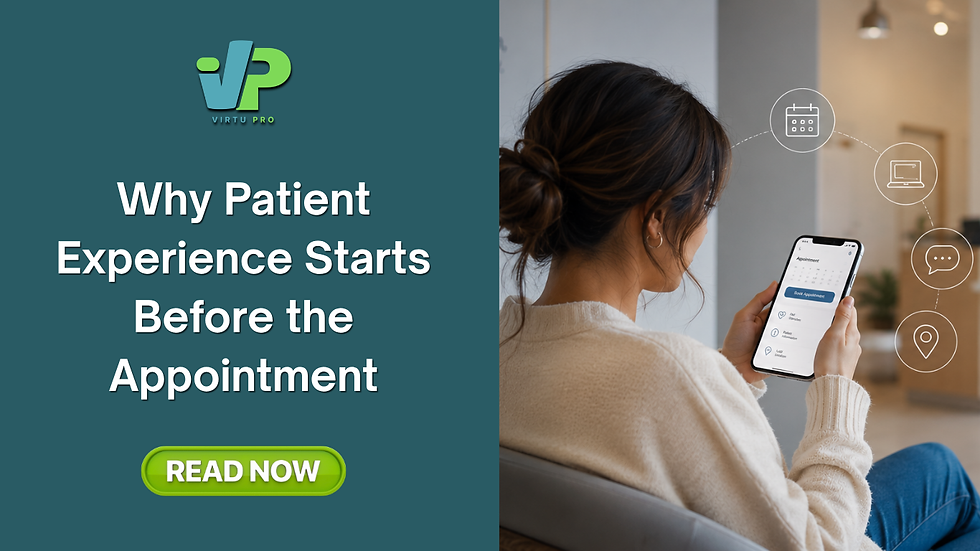 Blog header featuring the title "Why Patient Experience Starts Before the Appointment" with a patient using a mobile phone to book a healthcare appointment. The image represents digital patient experience, online appointment scheduling, healthcare communication, accessibility, and how first impressions begin before patients arrive at the clinic.
