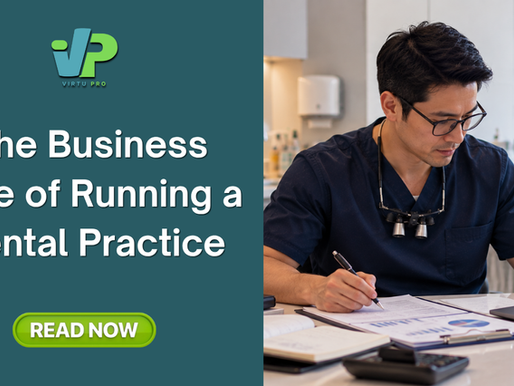 Dentist reviewing business documents and practice information at a dental clinic, illustrating the business side of running a dental practice.