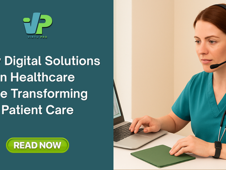 A woman in teal scrubs, wearing a headset, works on a laptop with a spreadsheet. Stethoscope around neck.