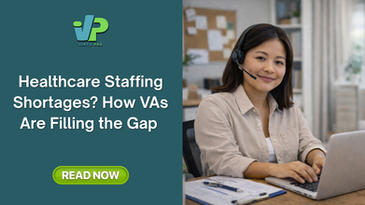 Filipino virtual assistant working from a home office with laptop and headset, helping healthcare providers manage admin tasks and overcome staffing shortages through remote support.