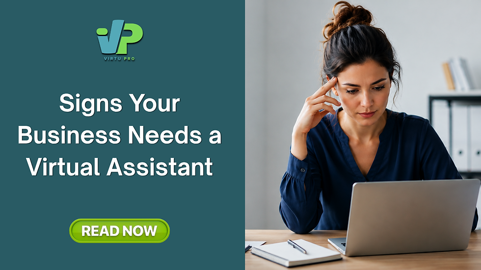 Blog header featuring the title "Signs Your Business Needs a Virtual Assistant" with an image of a business owner thoughtfully working on a laptop. The design represents common signs of administrative overload, time constraints, and the growing need to delegate tasks to a virtual assistant for improved productivity and business growth.