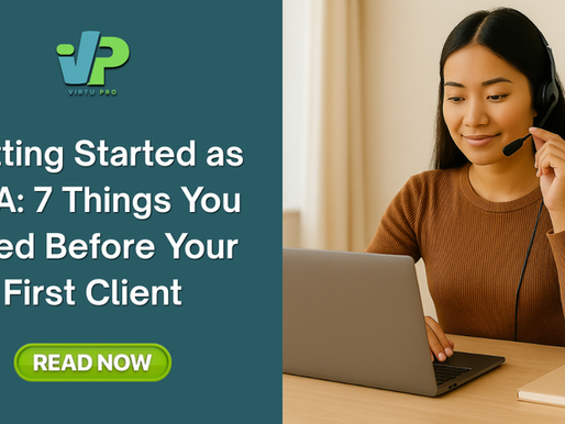 A young aspiring virtual assistant in a bright home office reviewing documents and preparing her laptop and headset before meeting her first client.
