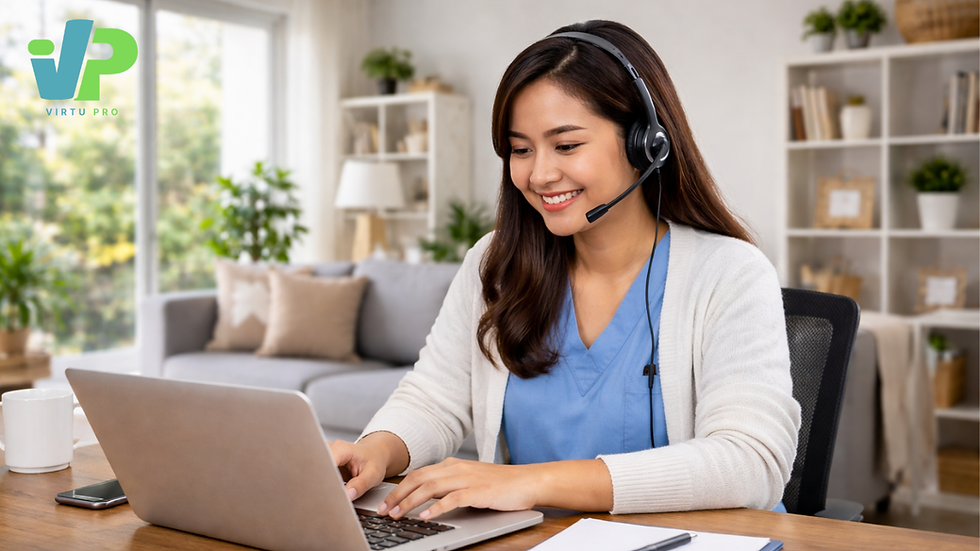 Virtual assistant wearing headset working on laptop from home office, providing remote admin support, customer service, and business operations assistance.