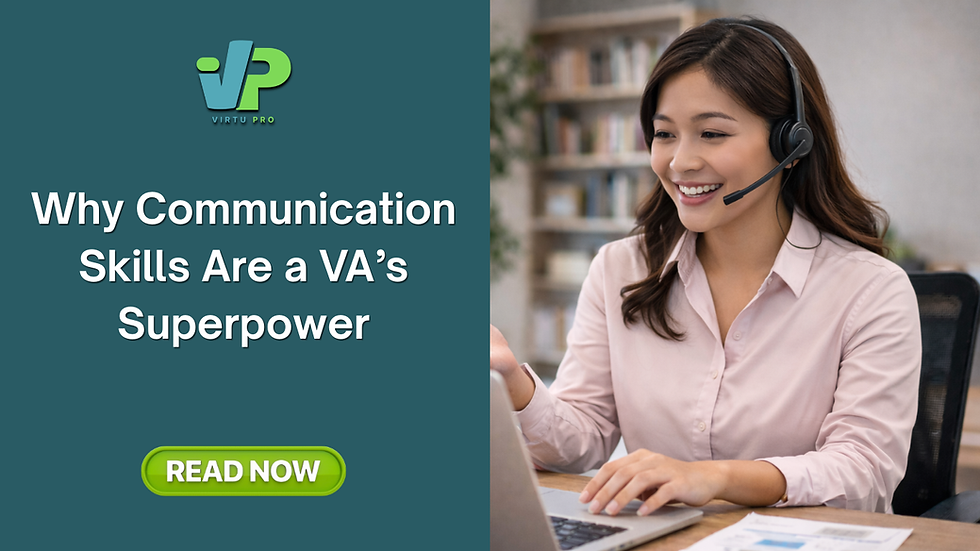 Filipino virtual assistant wearing a headset and speaking on a video call, highlighting how strong communication skills help virtual assistants support clients, collaborate remotely, and deliver excellent customer service.