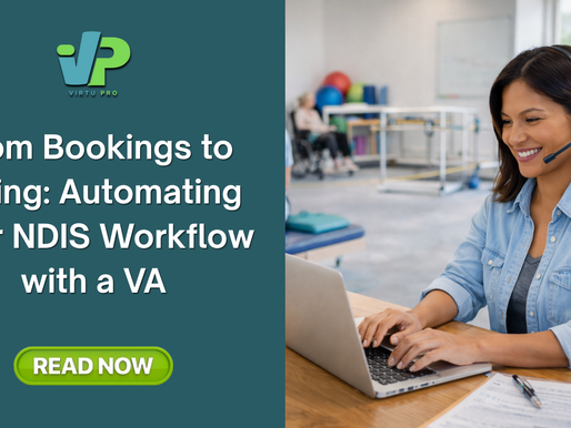 Virtual assistant wearing a headset working on a laptop with scheduling software, supporting NDIS admin automation for bookings, client coordination, and billing in a healthcare clinic setting.