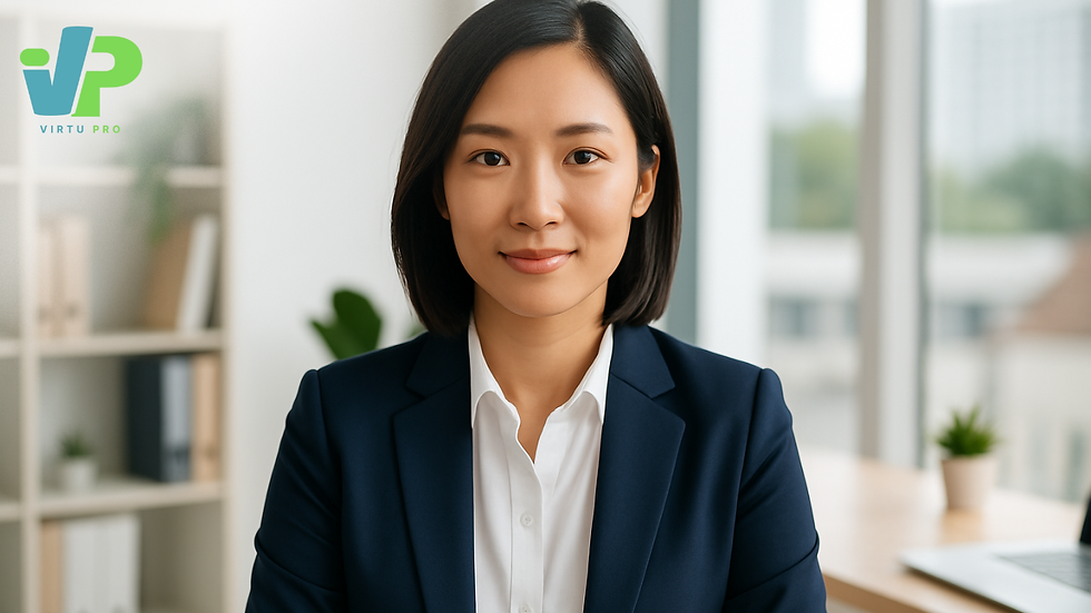 Professional Filipino virtual assistant confidently looking at the camera in a modern office, representing the evolving VA industry in 2026 for Australian businesses.