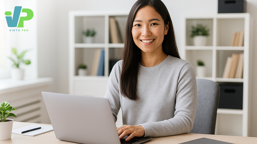 Professional Asian woman working remotely with confidence in a modern home office setup — representing affordable virtual assistant services for Australian professionals.