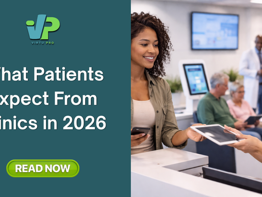 Healthcare clinic front desk staff assisting patient with tablet check-in, representing patient expectations for faster service and digital workflows in 2026.