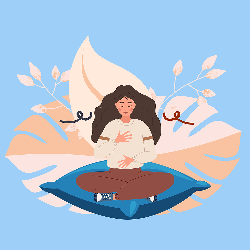 Une femme qui respire sur un coussin, autour d'elle il y a des fleurs, l'image est bleue et marron