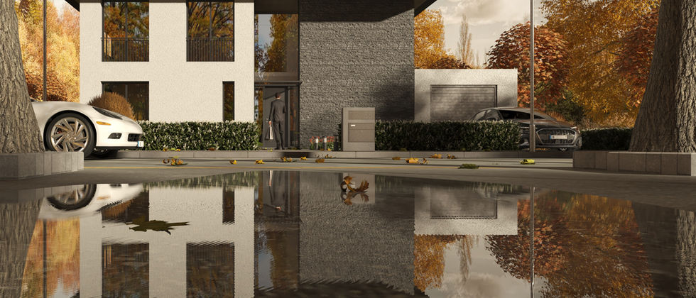 Haus In Wittenau: Frontansicht des Hauses mit großen Fenstern, dunklem Steinbereich und Spiegelung in einer Wasserfläche.