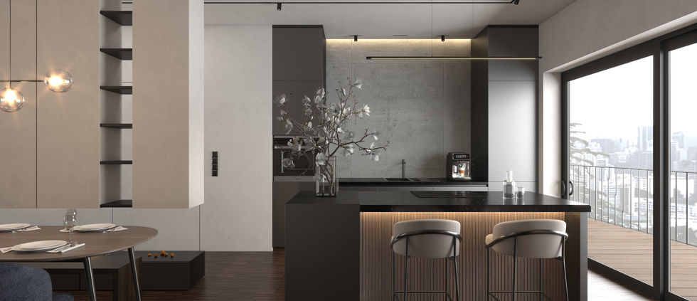 Offener Wohn-, Ess- und Küchenbereich mit minimalistischer Gestaltung, maßgefertigten Einbauten und Blick über Berlin.