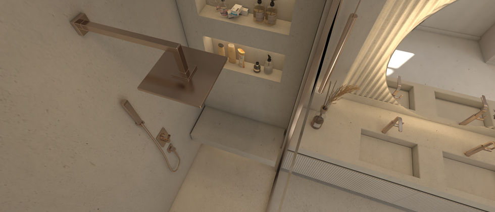 Luxus Haus Orc : Schrägansicht des hellen Badezimmers mit Waschtisch, Wandspiegel und Duschabtrennung aus Glas.