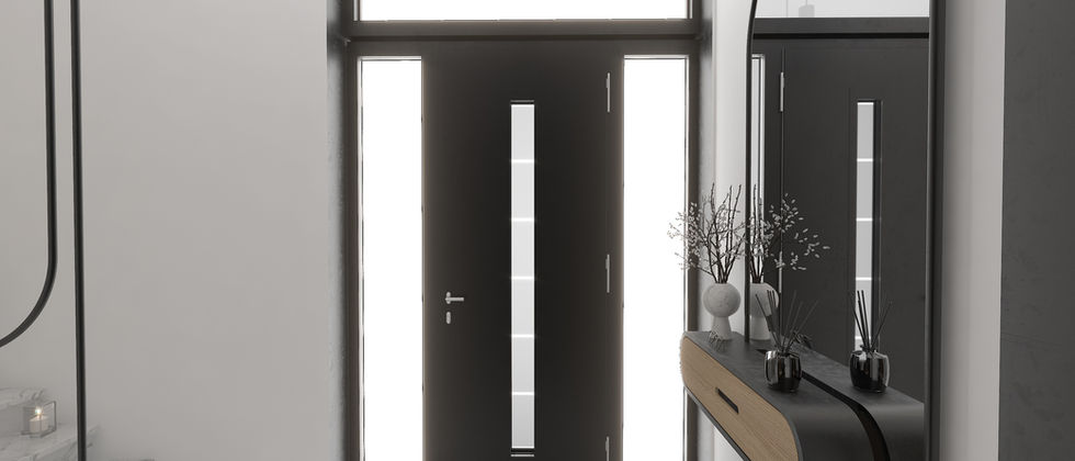 Haus In Wittenau: Innenansicht der dunklen Haustür mit hohen Glasfeldern, rundem Spiegel und schmaler Konsole im hellen Eingang.